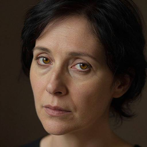 Photograph of a middle-aged woman with short black hair, brown eyes, and fair skin, looking slightly to the right, against a dark background.