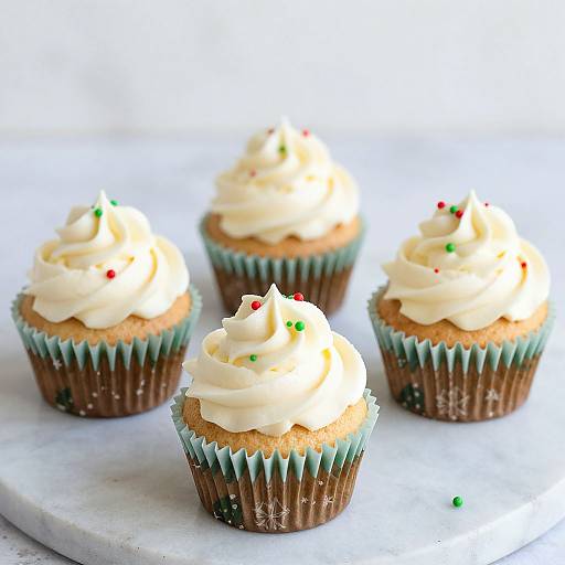 Photograph of four cupcakes with white swirled frosting, green and red sprinkles, brown paper liners, on a white marble surface.