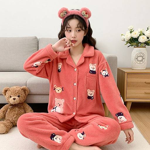 Woman in Coral Care Bear Pajamas