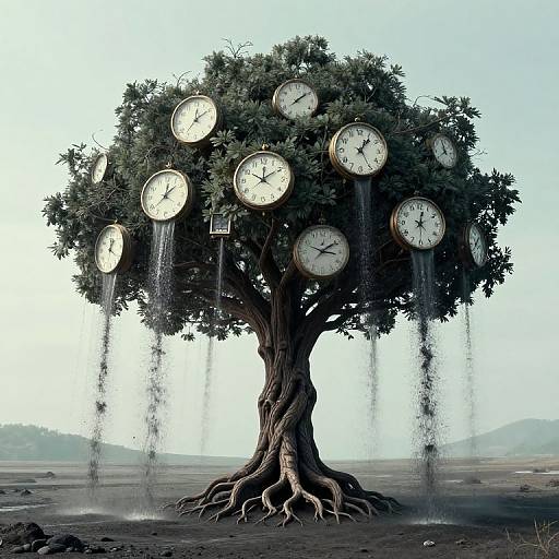 Digital artwork of a surreal tree with multiple clock faces hanging from its green leaves, each clock showing different times. Clocks drip water onto the barren ground
