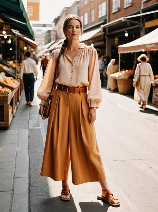 Chic Woman in Sunlit Market Scene