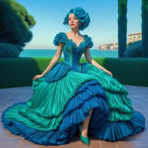 Woman in Elegant Blue Gown by the Sea