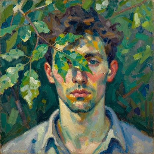 Impressionist-style painting of a young man with curly brown hair, green leaf partially covering his face, wearing a white shirt, set against a vibrant