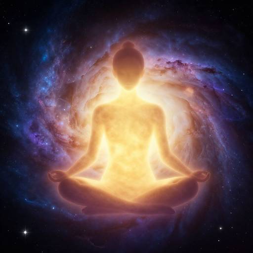 Digital artwork of a glowing, silhouetted meditating figure in a lotus position, surrounded by a vibrant, cosmic nebula with purple,