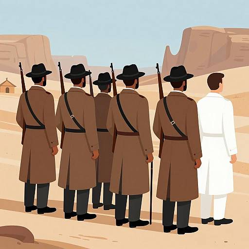 Five Men in Coats in Desert Landscape