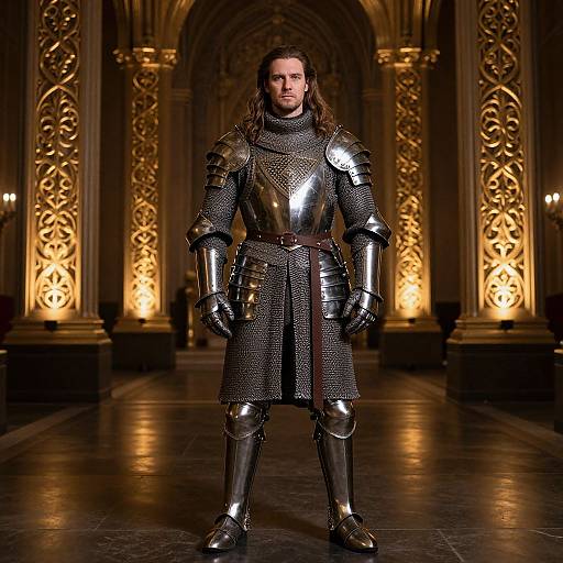 Photograph of a serious, long-haired man in shiny medieval armor standing in an ornate, dimly-lit hall with golden, carved columns.