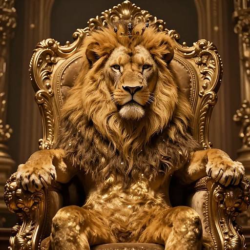 Digital artwork of a regal golden lion sitting on an ornate, baroque throne, exuding power and majesty with intense gaze.