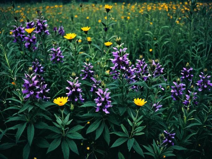 Purple and yellow wildflowers in green field