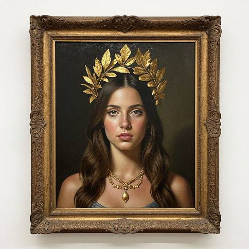 Photograph of a realistic painting in an ornate gold frame, featuring a young woman with long brown hair, golden leaf crown, and necklace, set