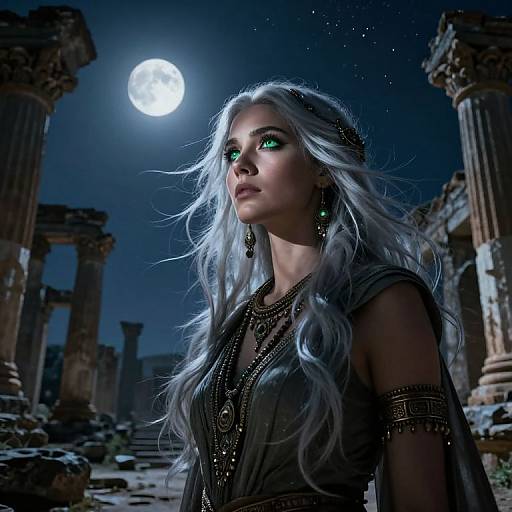 Digital fantasy art: Pale-skinned woman with long white hair, glowing green eyes, wearing dark, ornate clothing, stands in moonlit, ancient
