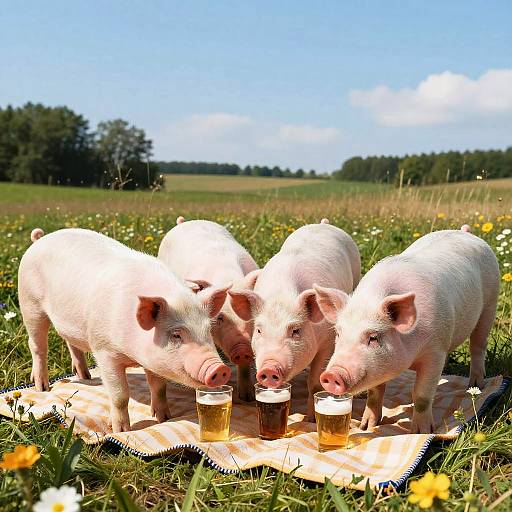 Pigs Enjoying Beer Picnic Outdoors