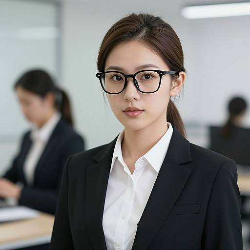 Photograph of an Asian woman with black glasses, brown hair in a ponytail, wearing a black blazer and white shirt, standing in a blurred