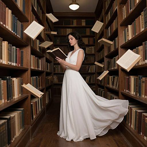 Photograph of a brunette woman in a flowing white wedding dress, standing in a dark wooden library aisle with floating books.