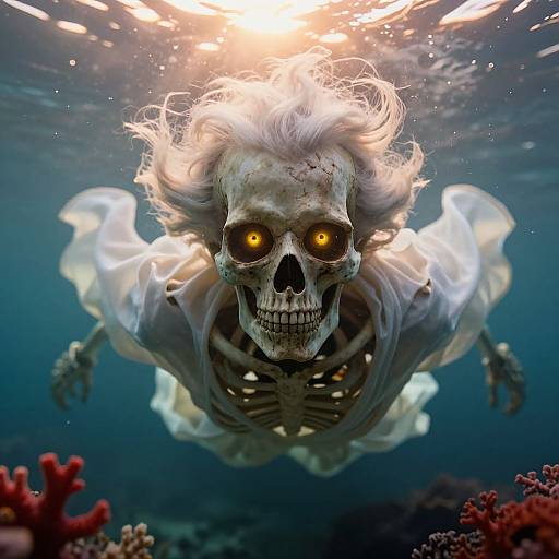 Photorealistic CGI of a glowing, skeletal, ghostly figure with eerie yellow eyes, floating underwater, surrounded by coral and light rays.