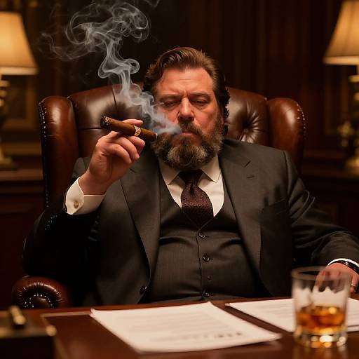 Photograph of a bearded man in a black suit, smoking a cigar, seated in a leather office chair, with blurred lamps in background. Documents