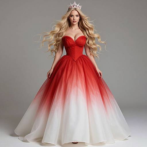 Photograph of a blonde woman with long wavy hair, wearing a red-to-white gradient ball gown and a silver crown, standing against a gray background