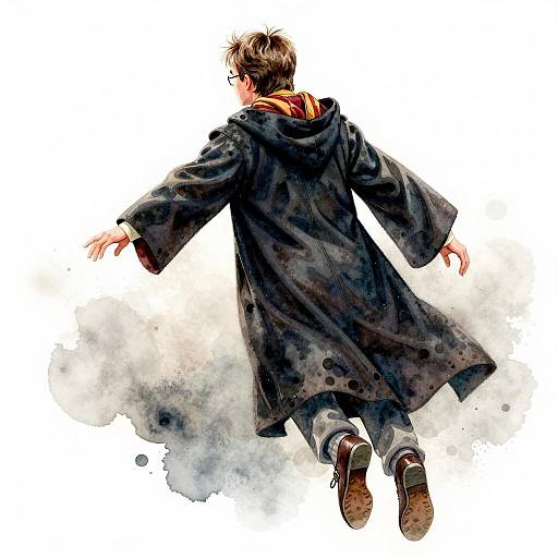 Watercolor of a Flying Wizard in Cloak