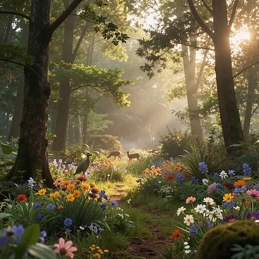 Photograph of a sunlit, lush forest meadow with vibrant wildflowers, a deer in the background, and sunlight filtering through tall trees.