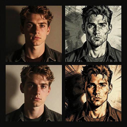 Photograph collage: four portraits of a young, fair-skinned man with wavy brown hair, black-and-gray ink sketches, and textured shading.