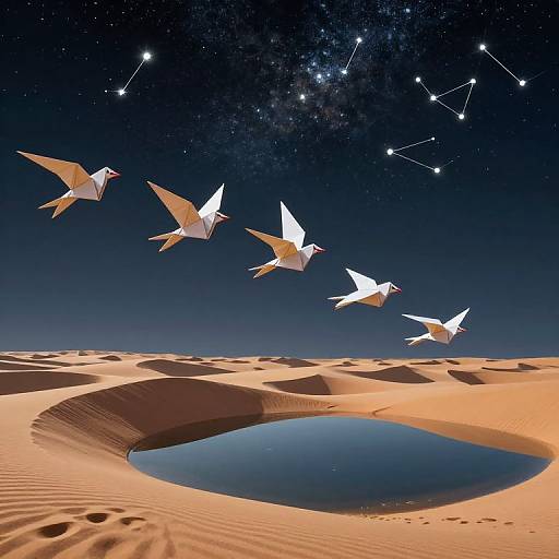 Digital art of four white paper birds flying over a desert with a starry night sky and constellations above a circular water hole.