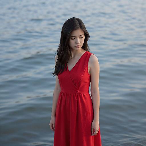 Young Asian woman with long black hair in a red sleeveless dress stands by a calm blue lake, looking down thoughtfully. Photograph.