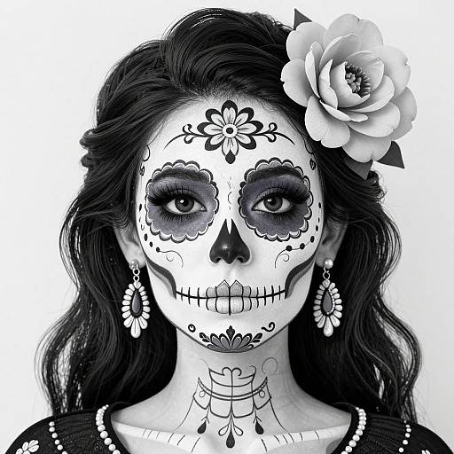Black and white digital drawing of a woman with Day of the Dead face paint, flower in hair, and intricate ear jewelry.