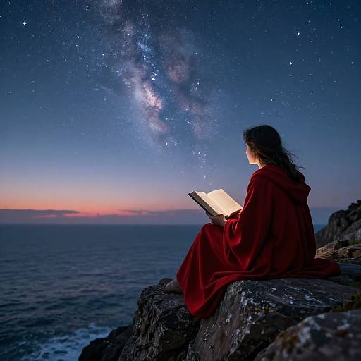 Photograph of a woman in a red cloak reading a glowing book on a rocky cliff, under a starry Milky Way sky at dusk.