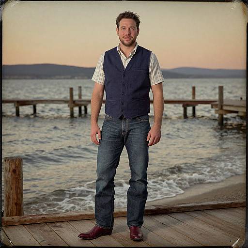 Photograph of a smiling man with short brown hair and beard, wearing a navy vest, white striped shirt, blue jeans, and brown shoes, standing
