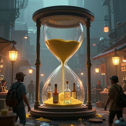 Digital artwork of a giant hourglass in a foggy, lit street scene; sand pours slowly, surrounded by bottles on a base, with people walking