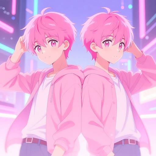 Anime-style digital illustration of two pink-haired, purple-eyed twin boys in white shirts and pink jackets, back-to-back, in a neon-lit city