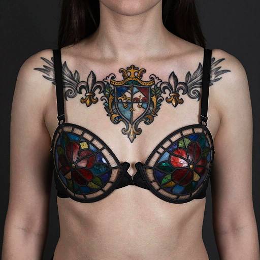 Woman with stained-glass rose breastplate and chest tattoos