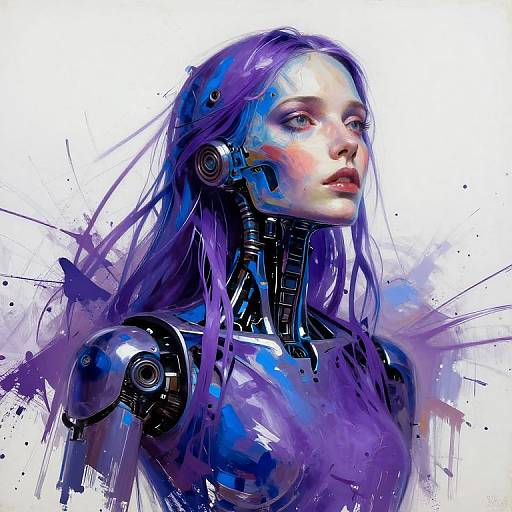 Digital art of a cybernetic woman with purple hair, blue and black mechanical enhancements, and a white splattered background. She gazes upward,
