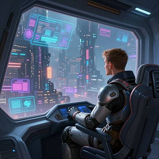 Sci-fi digital art: Blonde man in futuristic armor sits in cockpit, gazing at neon-lit cityscape through holographic display-filled window.
