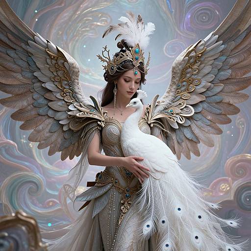 Digital artwork of a celestial angel with large, feathered wings, golden crown, and white gown, cradling a peacock-feathered bird
