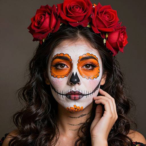 Photograph of a woman with white face paint, orange floral eye makeup, black nose, and red rose headband, touching her cheek.