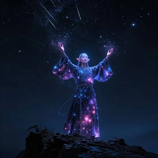 Digital artwork of a glowing, ethereal elf with pointed ears, wearing a starry, cosmic robe, standing on rocks under a starry night sky