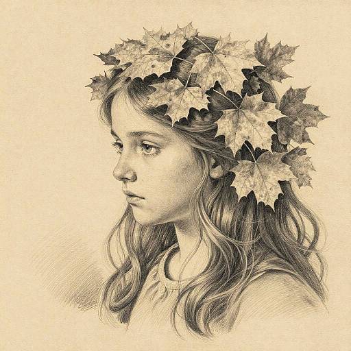 Pencil Drawing of Girl with Autumn Leaves Crown