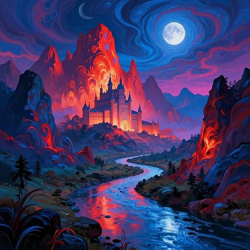 Digital fantasy painting of a glowing castle on fiery mountains, illuminated by a full moon, with a winding river reflecting vibrant colors.