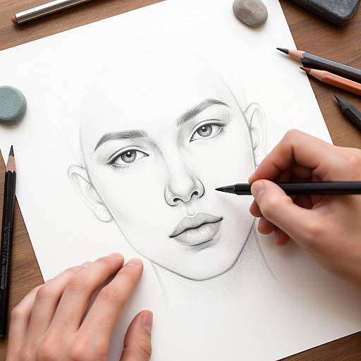 Photograph of hands drawing a detailed black-and-white portrait of a woman's face with pencils on white paper, surrounded by eraser and sharpened pencils