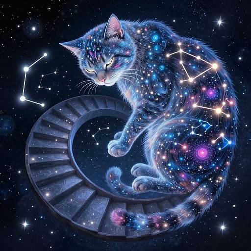 Digital art of a glowing blue cat with constellation patterns on its fur, sitting on a spiral galaxy pattern, against a starry night sky background.