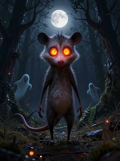 Digital artwork of a glowing-eyed, eerie mouse standing in a dark, moonlit forest with ghostly figures and floating embers.