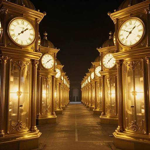 Photograph of a nighttime street lined with illuminated, ornate, golden clock towers, creating a symmetrical, glowing path.
