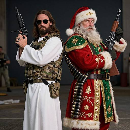 Photograph of a bearded man in a white robe with a tactical vest, holding a gun, standing beside a bearded Santa Claus in a red