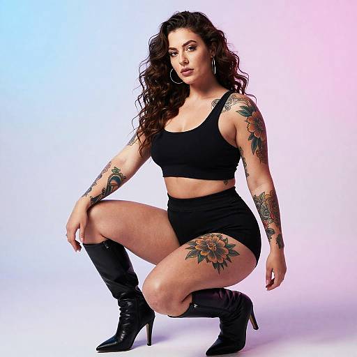 Photograph of a tattooed, curvy woman with long, wavy brown hair, wearing a black sports bra, high-waisted shorts,