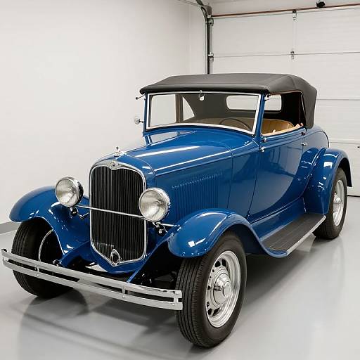 Photograph of a shiny blue vintage convertible car with black top, chrome grille, round headlights, and polished silver wheels in a bright, white garage.