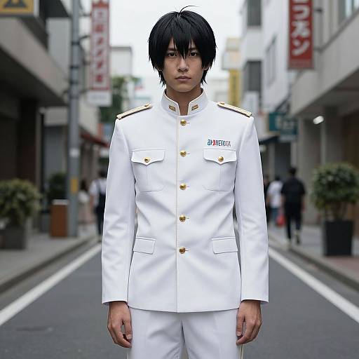 Photograph of an Asian man with black hair in a white military-style uniform with gold buttons, standing on a city street. Urban background with buildings and