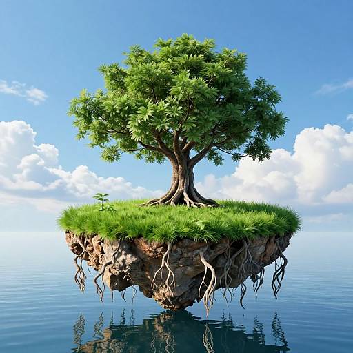 Floating island with lush green tree, exposed roots, and grassy top, reflected in calm blue water, under clear sky with white clouds. Digital artwork