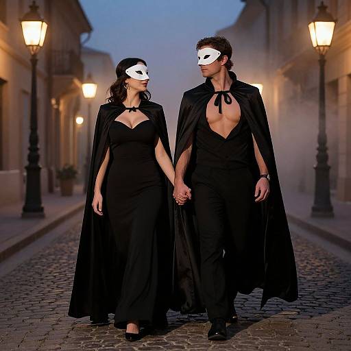 Photograph of a couple in black masks, black capes, and revealing black outfits, holding hands on a misty, cobblestone street at