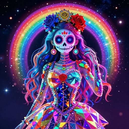 Vibrant digital artwork of a sugar skull girl with colorful flowers, neon rainbow, and starry background, adorned in a sparkling, multicolored