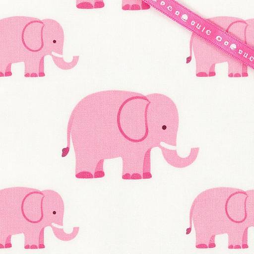 Cartoon pink elephants with black eyes and pink accents, standing on white background, with one elephant holding a pink ribbon. Digital illustration.